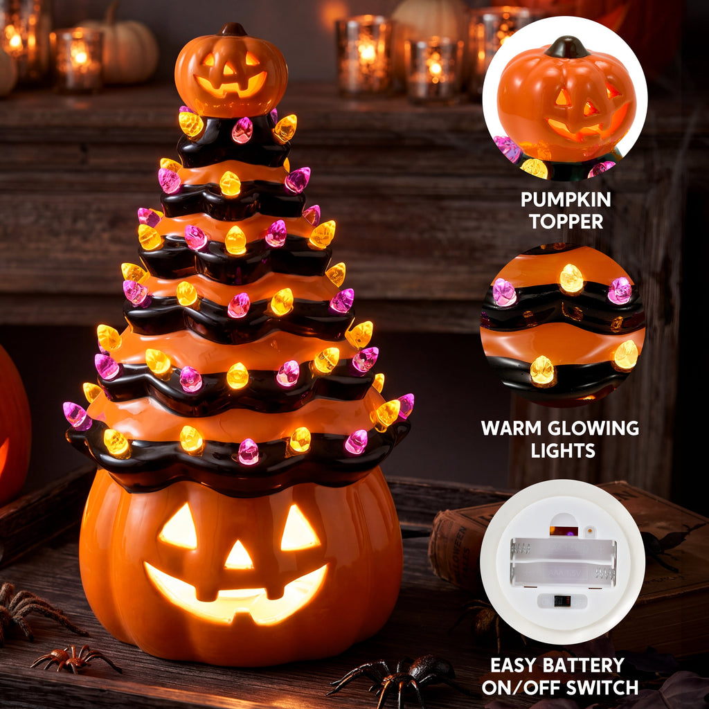 Joyfy 8.5 inch Halloween Decorations Ceramic Gnome Tree Decorations with Build-in LEDs,Light Up Pumpkin Table Decor Bedroom Indoor Centerpieces for Tables