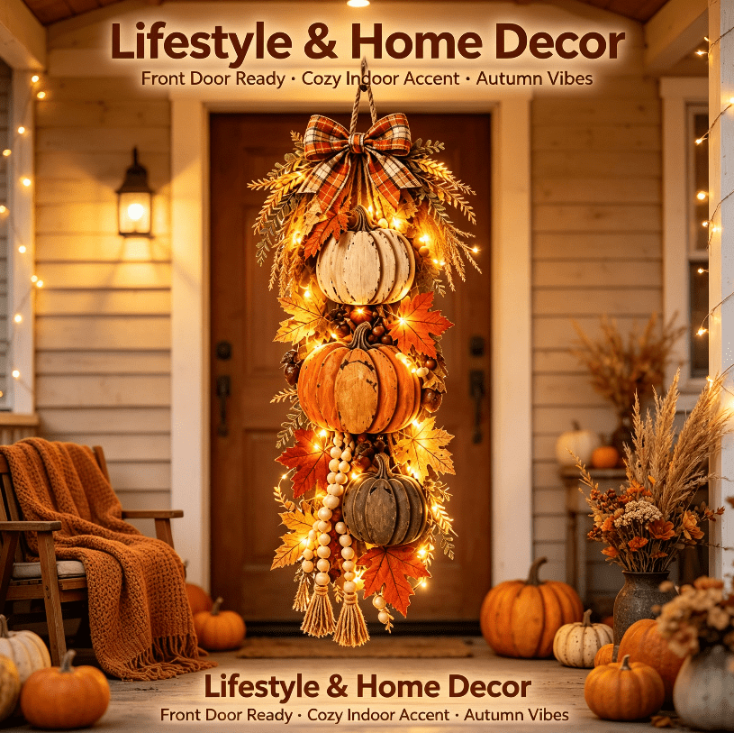 Rustic Wooden Pumpkin Door Hanging with Warm LED Lights, Ready-to-Hang Farmhouse Accent, Cozy Harvest Decor for Entryway & Living Room