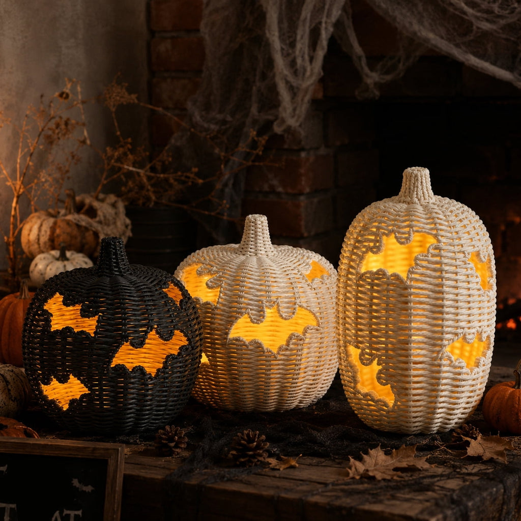 Aximioll Halloween Black Woven Jack-O-Lantern Pumpkin Decor, Hand Woven Rattan Wicker Style Statue, Trick or Treat Candy Bowl Lantern for Porch Entryway Fireplace Mantel Table, Black, 11 Inches