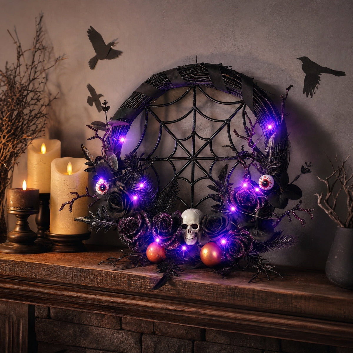 WWC Halloween Wreath, Orange LED Pumpkin and Bats Wreath, Gothic Halloween Decorations Wreath for Front Door, Indoor Outdoor Party Decor