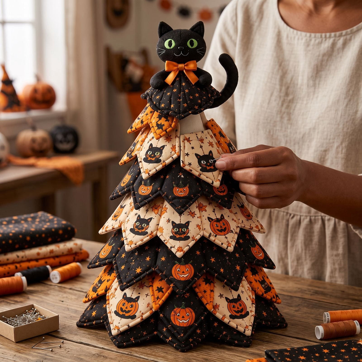 Halloween Fabric Trees - 11.8" DIY Halloween Quilted Fabric Tree Kit, Black Cat Pumpkin Witch Design, Sewing Patchwork Ghost Trees Holiday Table Mantel Decor, Handmade Gift for Craft Lovers