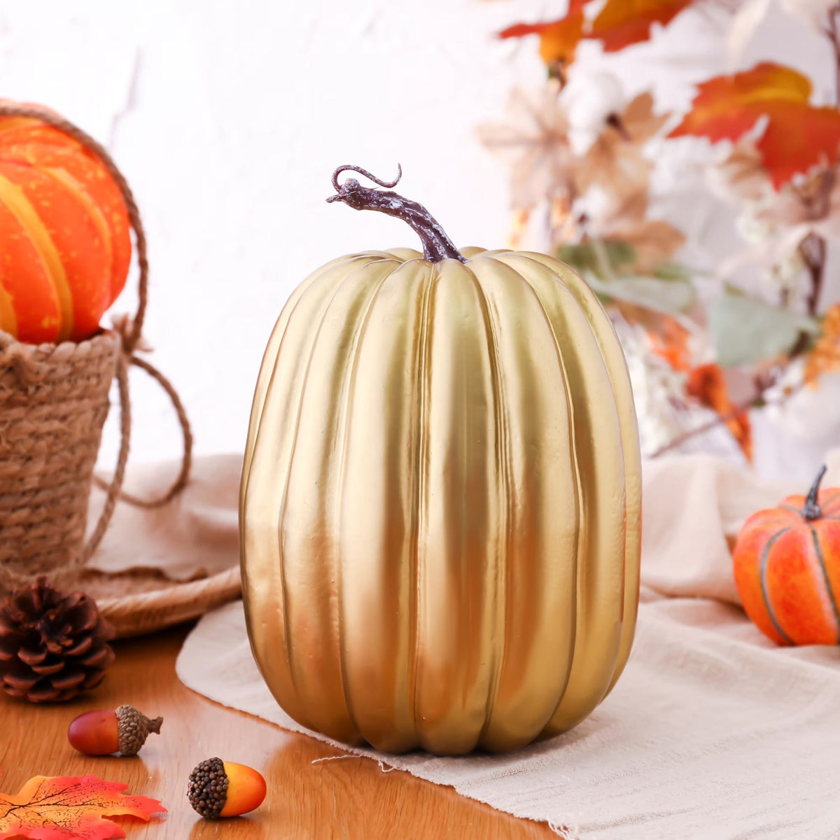 CQHVKQ 8 Inch Large Artificial Pumpkin Fall Decorations, Realistic Fake Harvest Pumpkin, Orange Gold Decorative Pumpkins for Table Centerpieces, Fall, Thanksgiving & Halloween DIY
