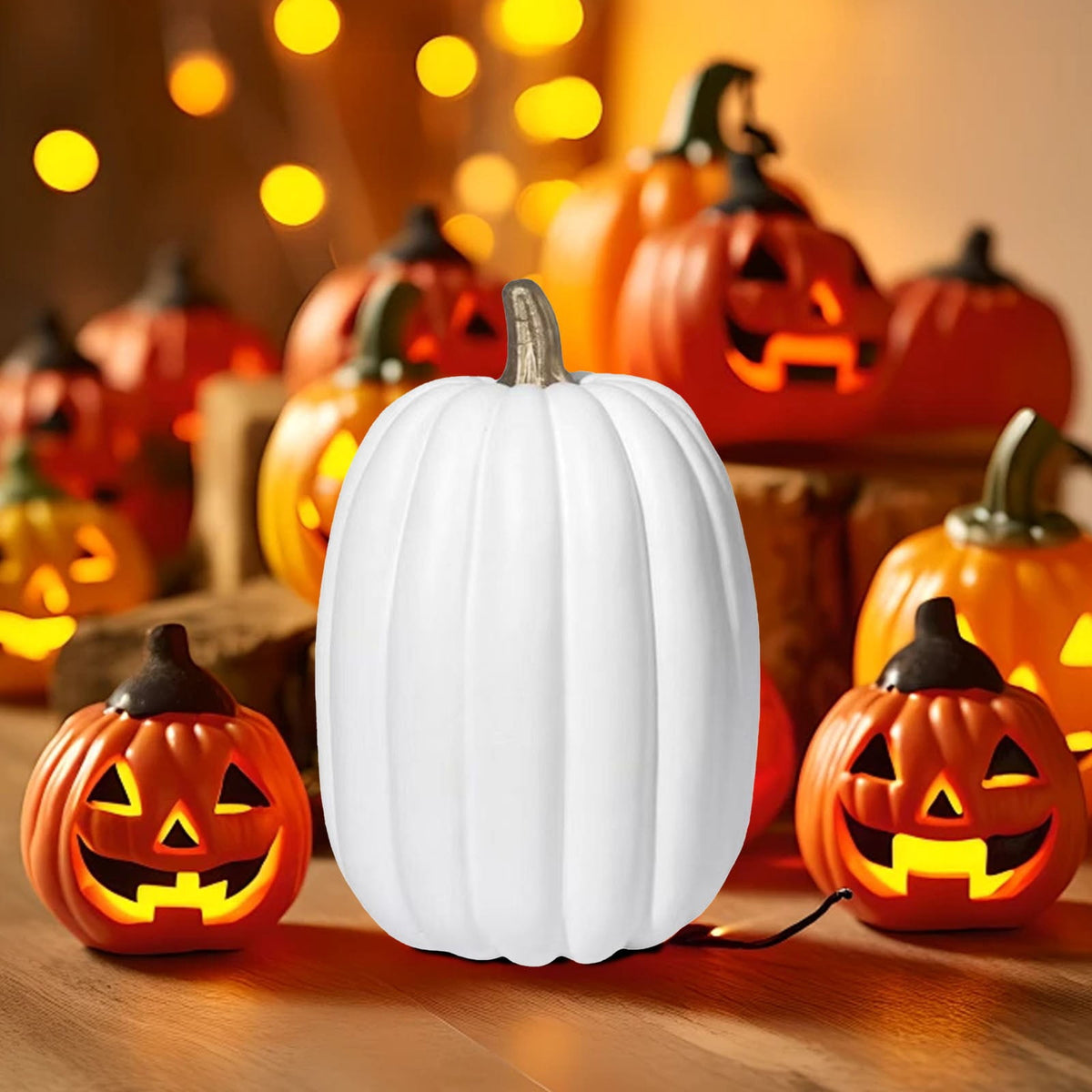8.5 Inch Large White Pumpkins for Decorating - 1PCS Big Foam Decorative Pumpkin for Fall Decoration, Paintable Artificial Pumpkins Perfect for Halloween Thanksgiving Decor (Gold Handle)