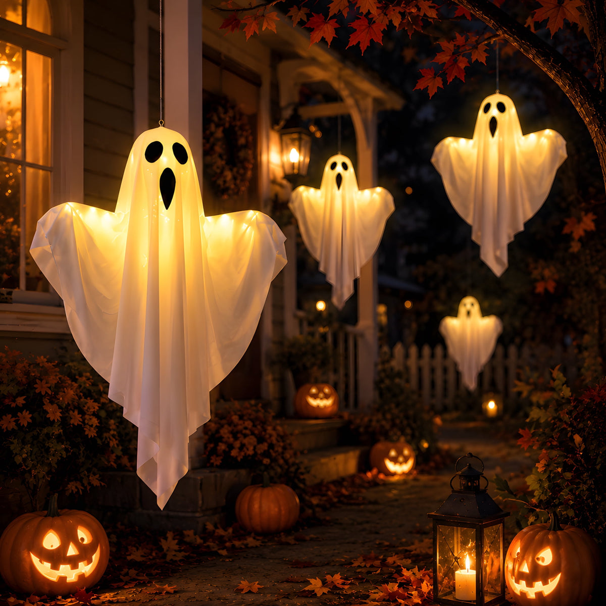 DAYBETTER Halloween Hanging Ghosts Decoration, LED White Ghost Light Up Kit Decor with adjustable arms for Indoor Outdoor Garden Yard Porch Scary Cute Halloween Ghost Decor Gifts (2 Pack)