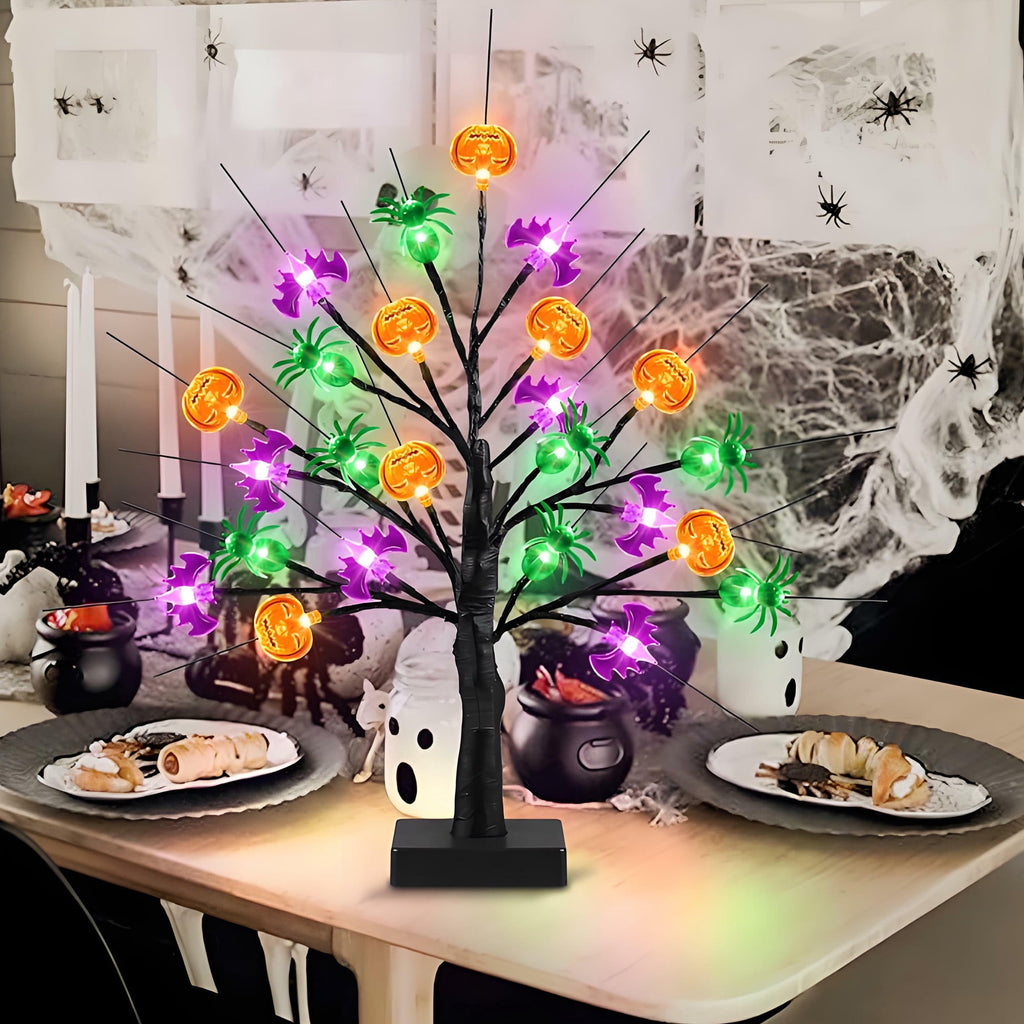 MYFLOCY Halloween 18 Inch Tree Lights 24 LED Pumpkin Bat Spider Indoor Room Decor