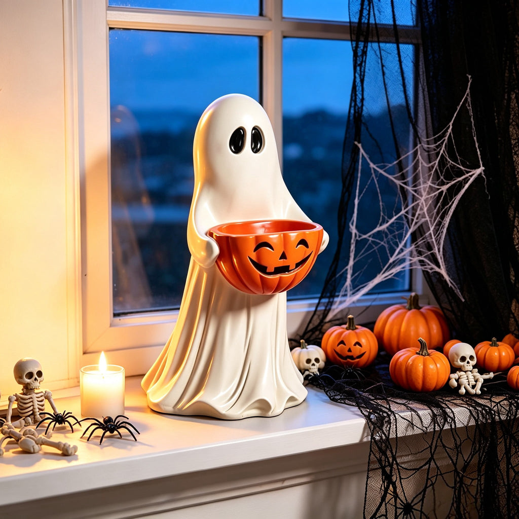 Halloween Ghost Statue with Jack-o-Lantern Pumpkin Candy Bowl, White Resin Ghost Figurine, Tabletop Candy Holder Ornament, Spooky Halloween Gift for Porch Yard Patio Indoor Home Party