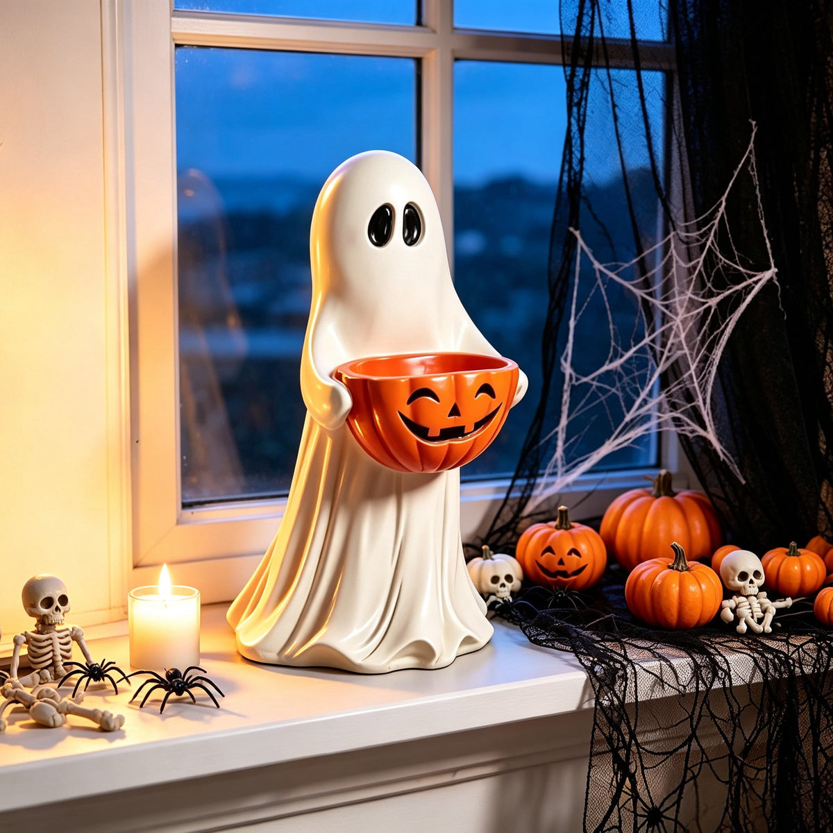 Halloween Ghost Statue with Jack-o-Lantern Pumpkin Candy Bowl, White Resin Ghost Figurine, Tabletop Candy Holder Ornament, Spooky Halloween Gift for Porch Yard Patio Indoor Home Party