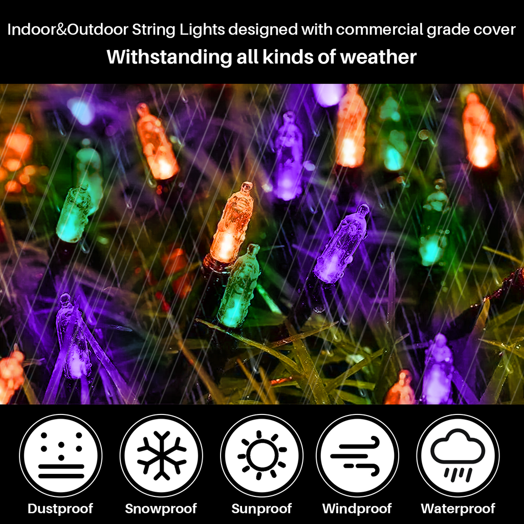 LAMPHOME Orange Purple Green Halloween String Lights Outdoor, 32.5FT 100 LED Waterproof Christmas Lights with 16 Lighting Modes for Halloween Garden Party Christmas Xmas Tree Lights Decor