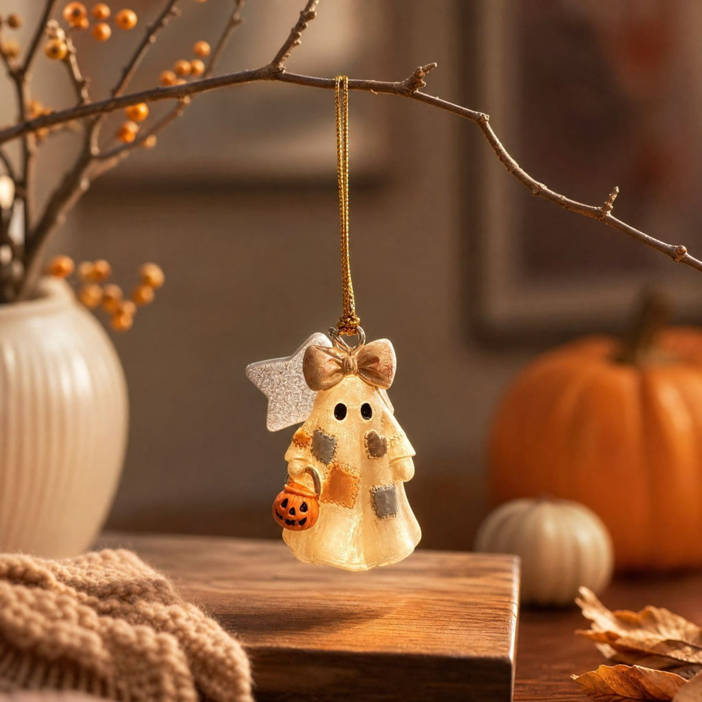 Vintage Patchwork Ghost Figurine, Cute Resin Halloween Ghost Statue with Floral Bow and Pumpkin Basket, Retro Fall Tabletop Mantel Shelf Entryway Porch Decor for Halloween Thanksgiving Home Party