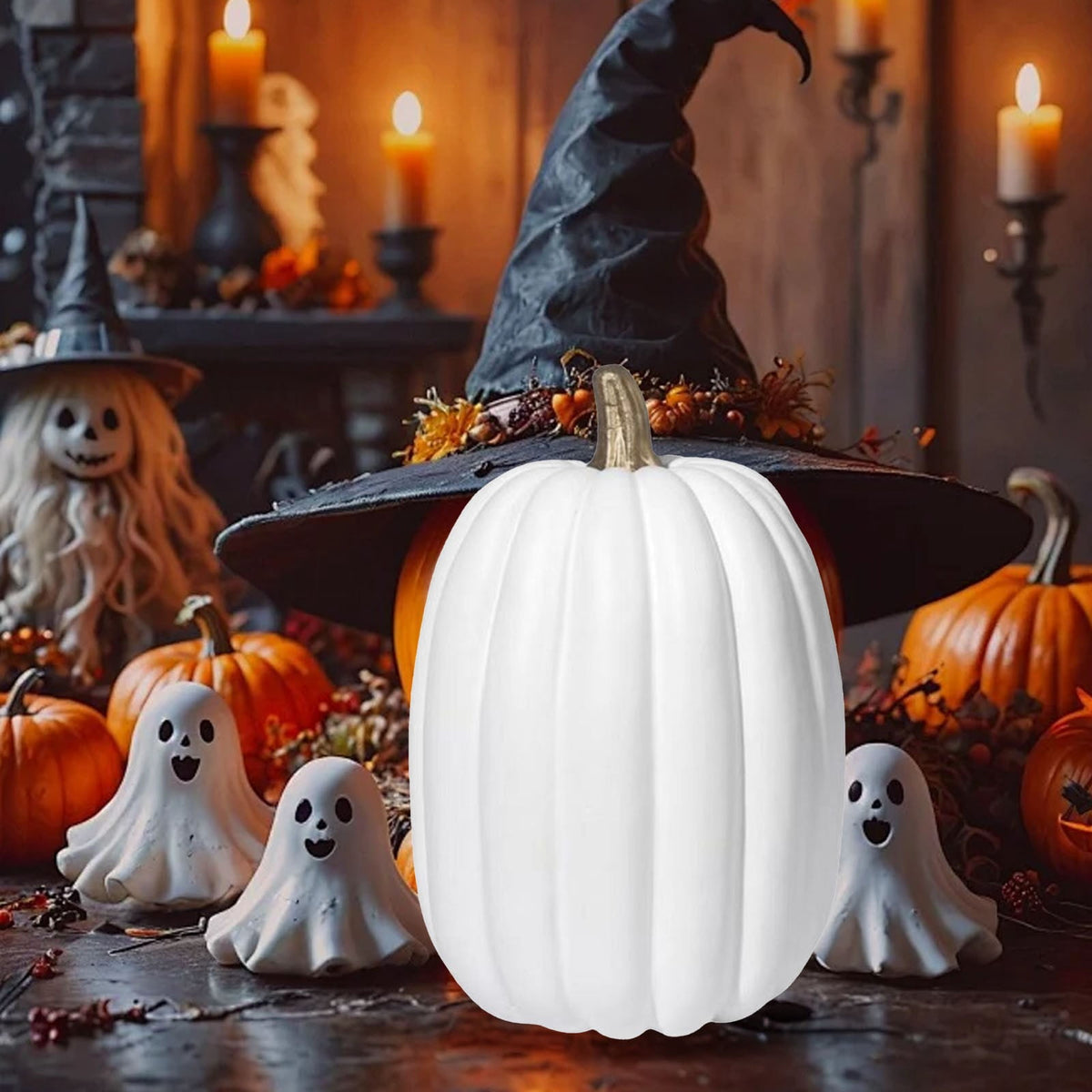 8.5 Inch Large White Pumpkins for Decorating - 1PCS Big Foam Decorative Pumpkin for Fall Decoration, Paintable Artificial Pumpkins Perfect for Halloween Thanksgiving Decor (Gold Handle)