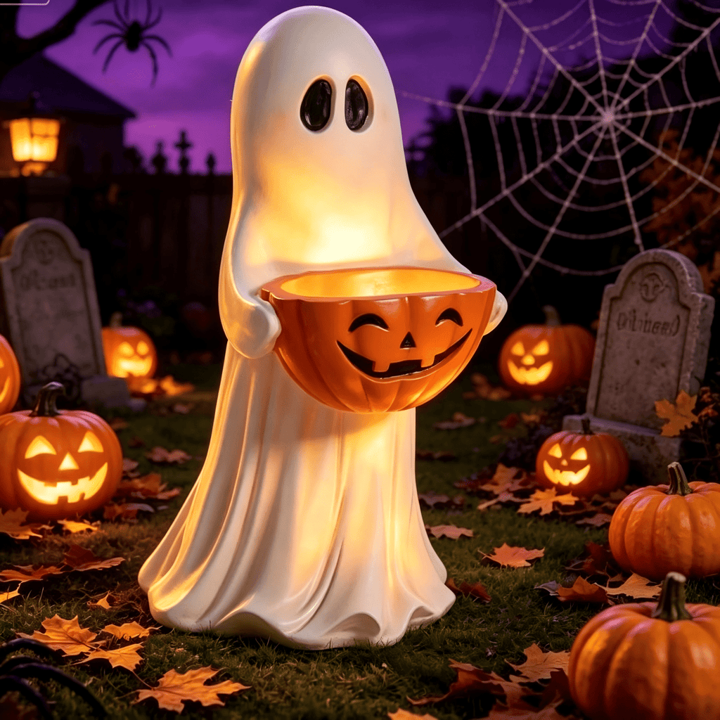 Halloween Ghost Candy Bowl Statue, 13.7" Resin Ghost Figurine Holding Pumpkin Candy Bowl, Outdoor Halloween Decorations for Front Porch, Indoor Yard Lawn Entryway Decor, Trick or Treat Candy Holder