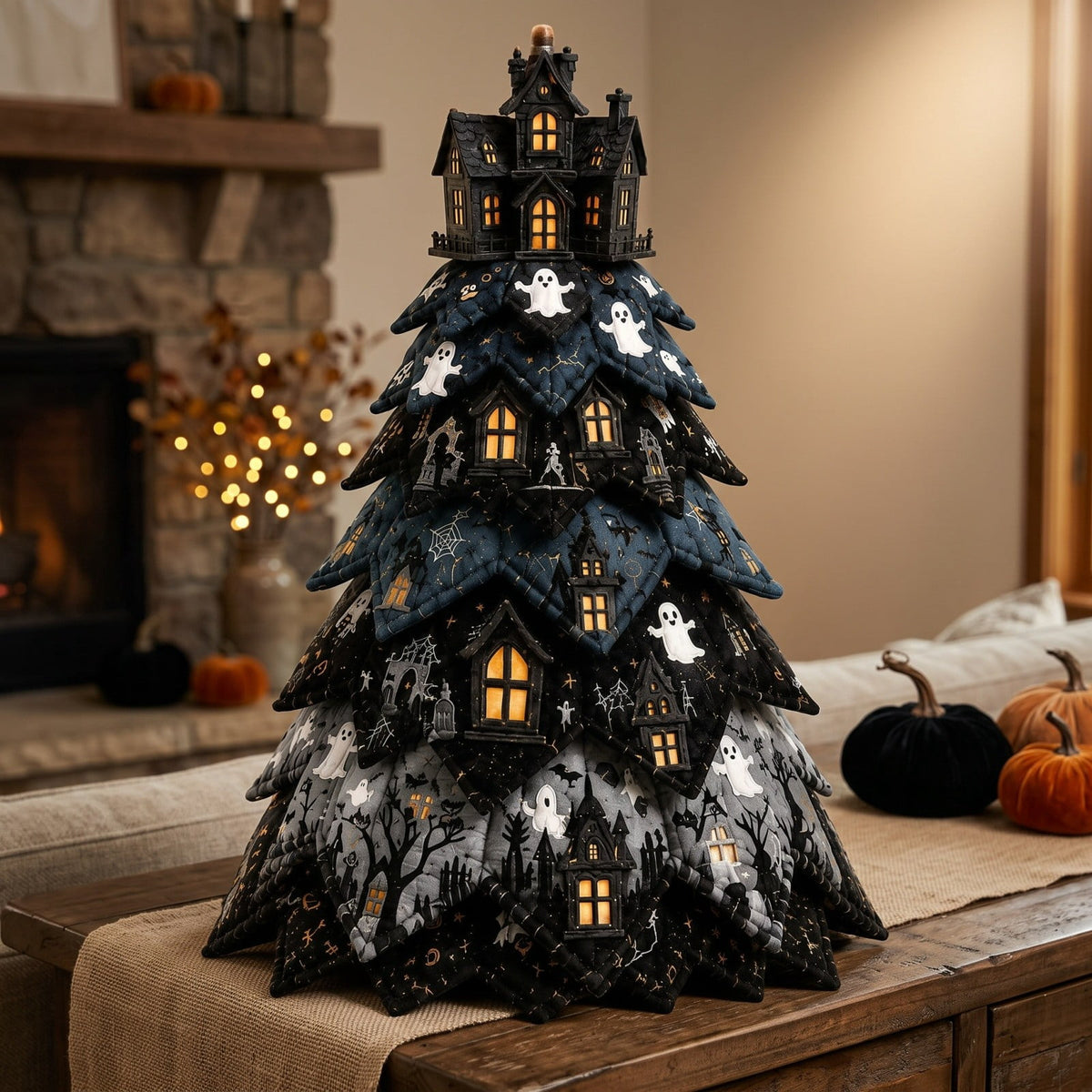 Lypsnake DIY Halloween Quilted Fabric Tree Kit, Vintage Pumpkin Sunflower Patchwork, 3D Padded Sewing Craft Project for Autumn Harvest Decor