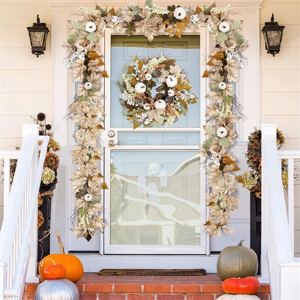 Cheapark 68 Inch Pumpkin Maple Leaf Garland - Halloween Thanksgiving Door Hanging - Artificial Rattan Swag - Party Entryway Decor