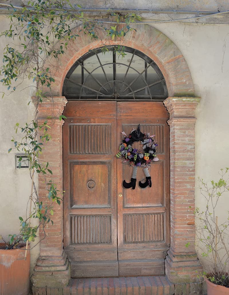 Onedor Happy Halloween Wreath 39 Inch Witch Hat Legs Pumpkin Door Decorations Artificial Handmade Wreath for Front Door or Indoor Wall Decor