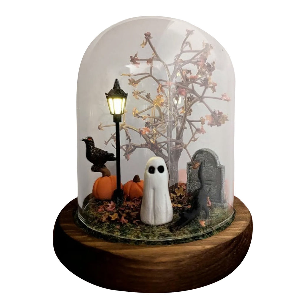 Halloween Ghost Figurine, Resin Lighted Ghost Ornament with Pumpkin Lantern & Beverage Cup, Tabletop Halloween Indoor Decor