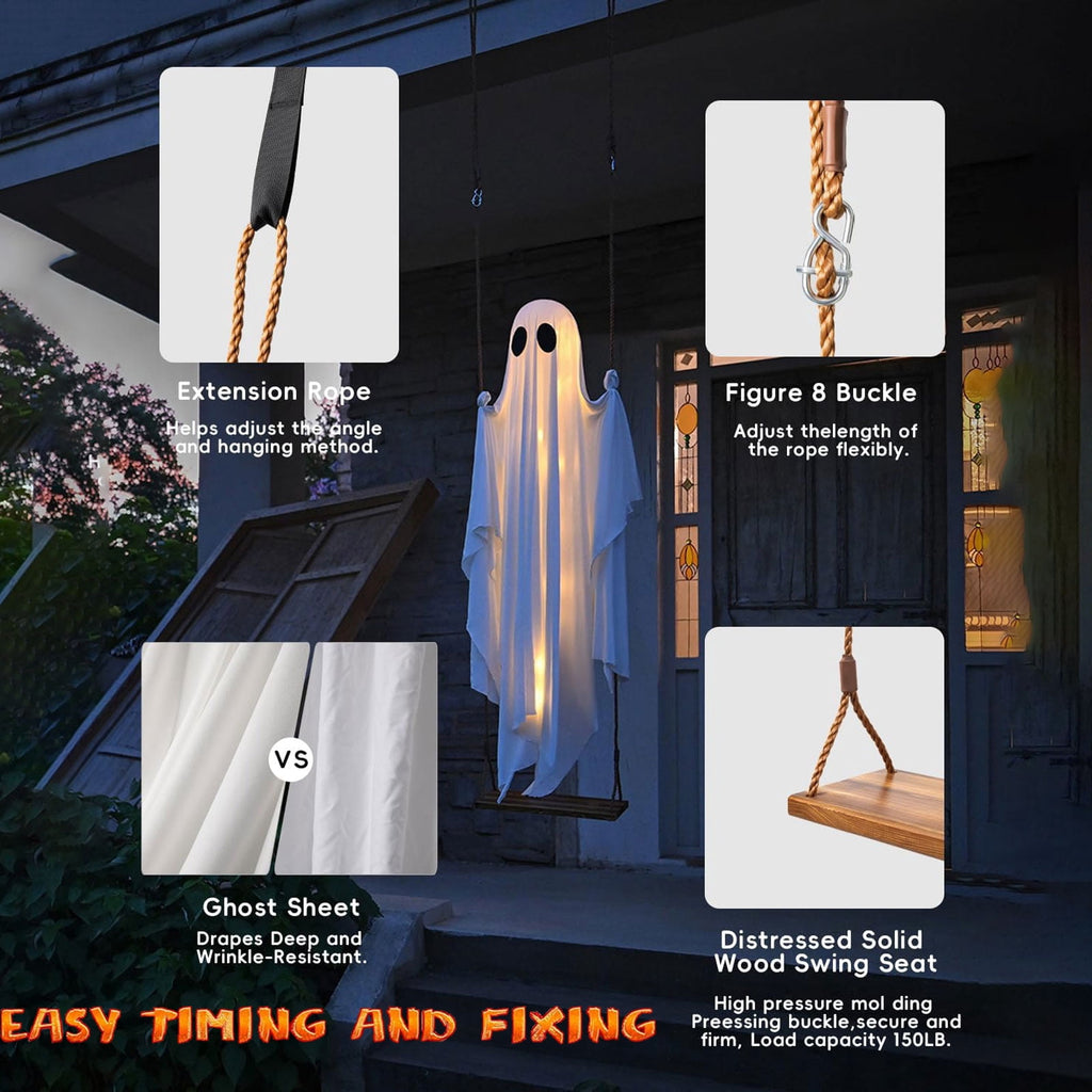 Halloween Decorations Outdoor - 5 FT Large Hanging Swing Halloween Ghost Decor with String Lights - Spooky Cute Ghosts Decorations for Front Porch Yard Tree