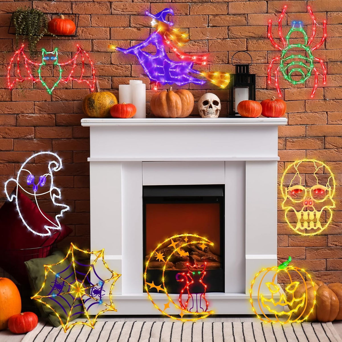 16" Halloween Window decorate Plug Light Witch Bat Spider Web door decor-4 Pack
