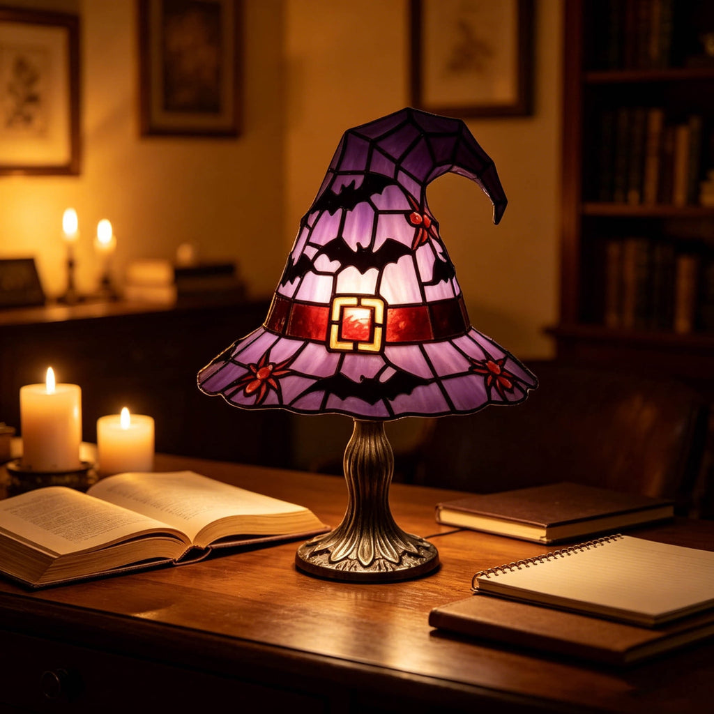 Stained Glass Witch Hat Lamp Gothic Halloween Lighting Decor, Vintage Witchy Hats Night Lights, Handcrafted Retro Resin Table Lamp for Bedroom, Living Room & Home Decor