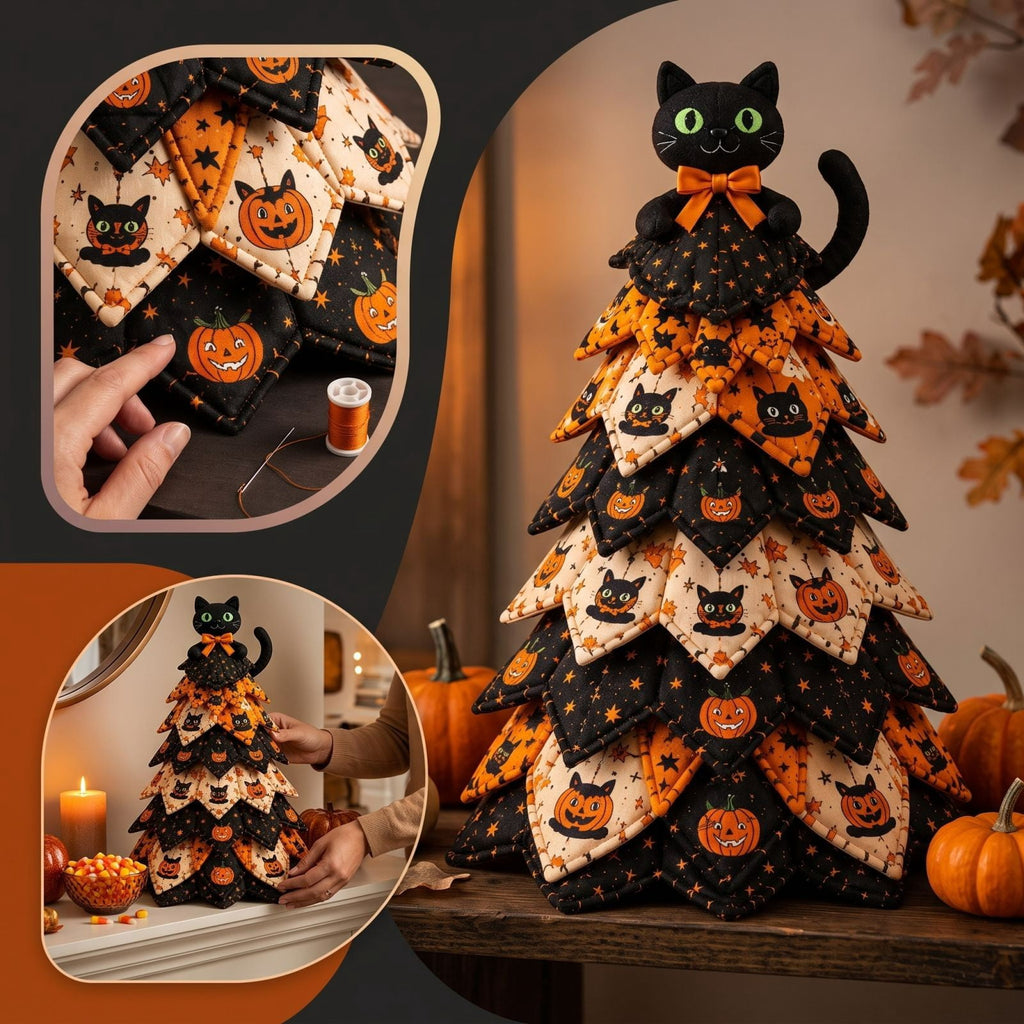 Lypsnake DIY Halloween Quilted Fabric Tree Kit, Vintage Pumpkin Sunflower Patchwork, 3D Padded Sewing Craft Project for Autumn Harvest Decor