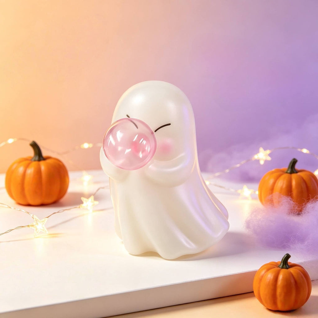 Halloween Ghost Figurine, Ghost Girl with Pink Bow & Hot Drink, Funny Ghost Statue Halloween Decor for Gift, Cute Spooky Tabletop Ornament for Home, Mantle, Desk & Party Decoration
