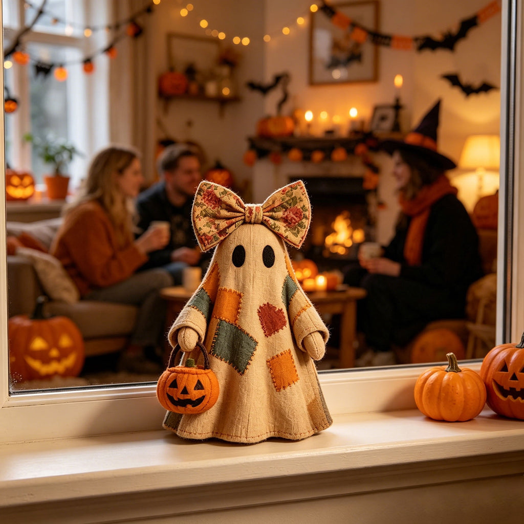 Win s Way Lighted Vintage Patchwork Ghost Decor Glowing Ghost Figurine with Pumpkin Lantern Farmhouse Style Light Up Statue for Mantel Shelf Entryway Table Fall Decorations