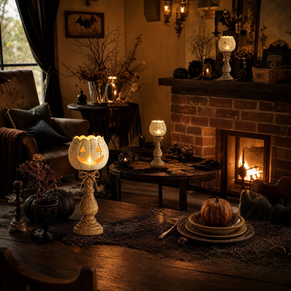 Halloween Lamp Indoor Tabletop Decorations, LED Lighted Wooden Pumpkin with Vintage Pedestal Stand and Rope Bow, 8.7 Inch Rustic Halloween Decor for Home Mantel Entryway