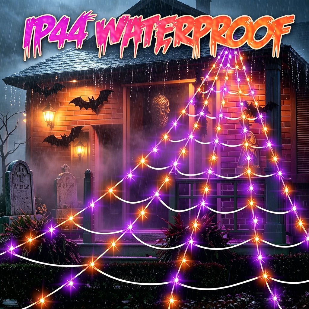 VOLIVO Halloween Spider Web Light, 250 LED 15.7 x 16.4 FT Halloween Decor, 8 Modes Remote Waterproof for Indoor Outdoor Party (Purple & Orange)