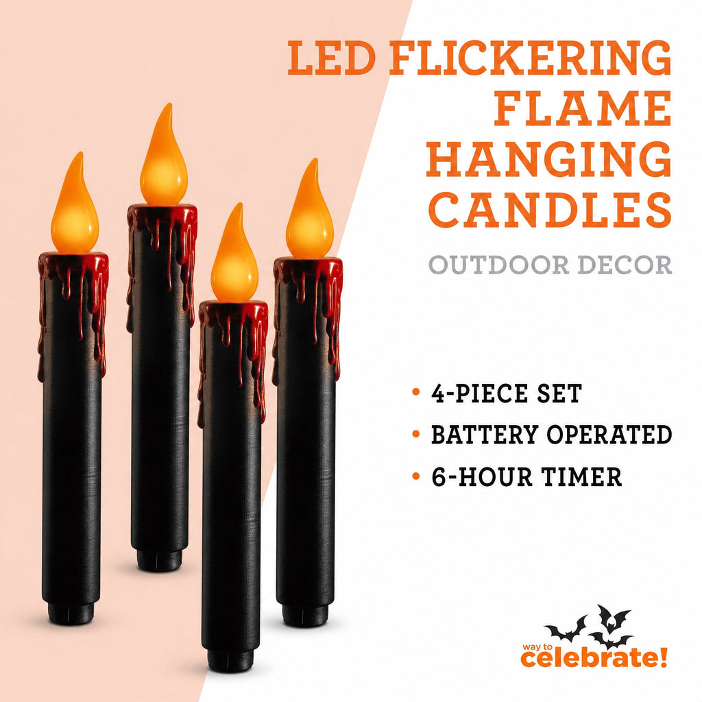 Battery-Operated LED Flickering Flame Hanging Candles, Black, 7", 4 Count, Halloween by Way To Celebrate
