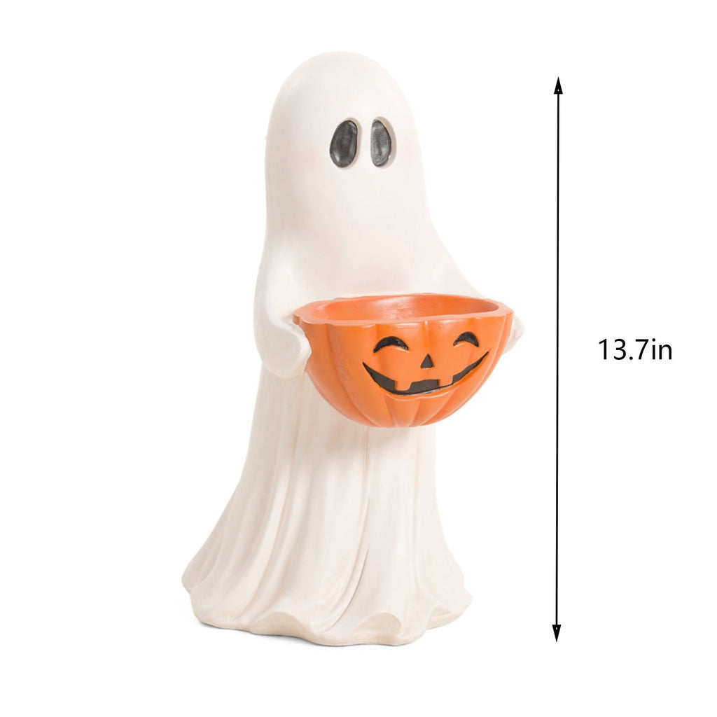 Homellea Ghost Figurine with Pumpkin Candy Bowl, 13.7 Inch Halloween Decorative Statue for Covered Porch, Entryway, Tabletop, Mantel, Shelf, Yard Display and Fall Home Decor Accent