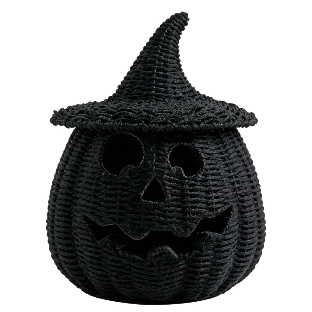 Aximioll Halloween Black Woven Jack-O-Lantern Pumpkin Decor, Hand Woven Rattan Wicker Style Statue, Trick or Treat Candy Bowl Lantern for Porch Entryway Fireplace Mantel Table, Black, 11 Inches