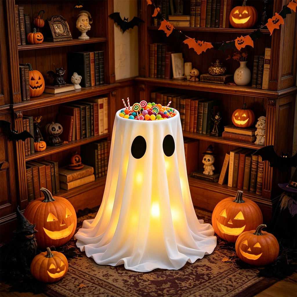 Halloween Ghost Candy Bowl Large Light Up Floor Stand with Remote Control for Halloween Party Treat Display and Trick Or Treat Setup