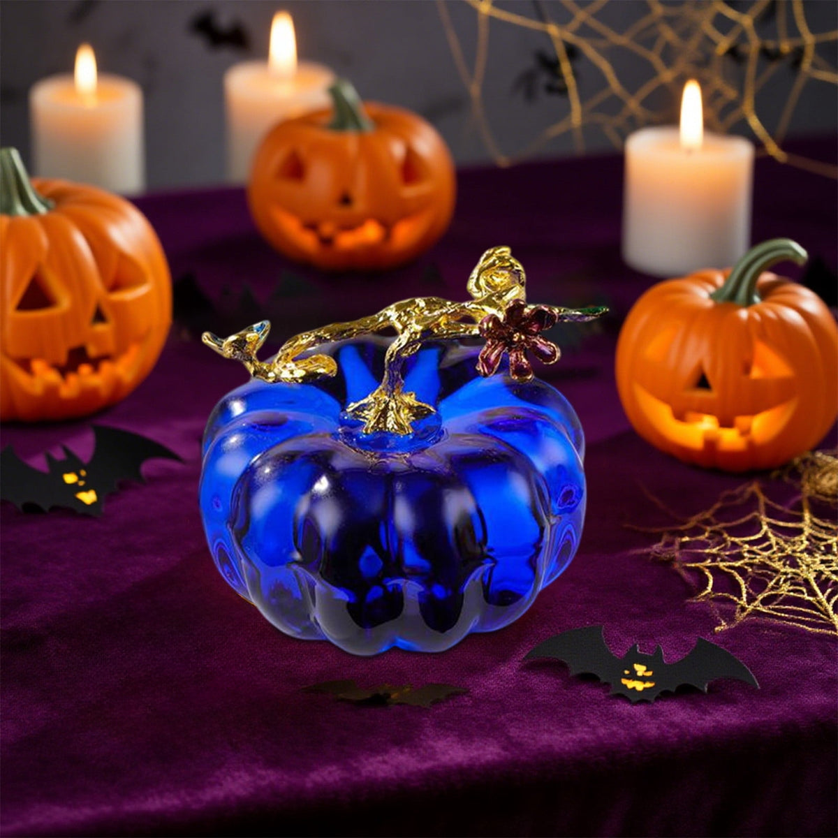 Crystal Pumpkin Figurine, Glass Pumpkin Sculpture Collectible Thanksgiving Decor, Desktop Decoration for Halloween Home Garden Party Decor, Blue