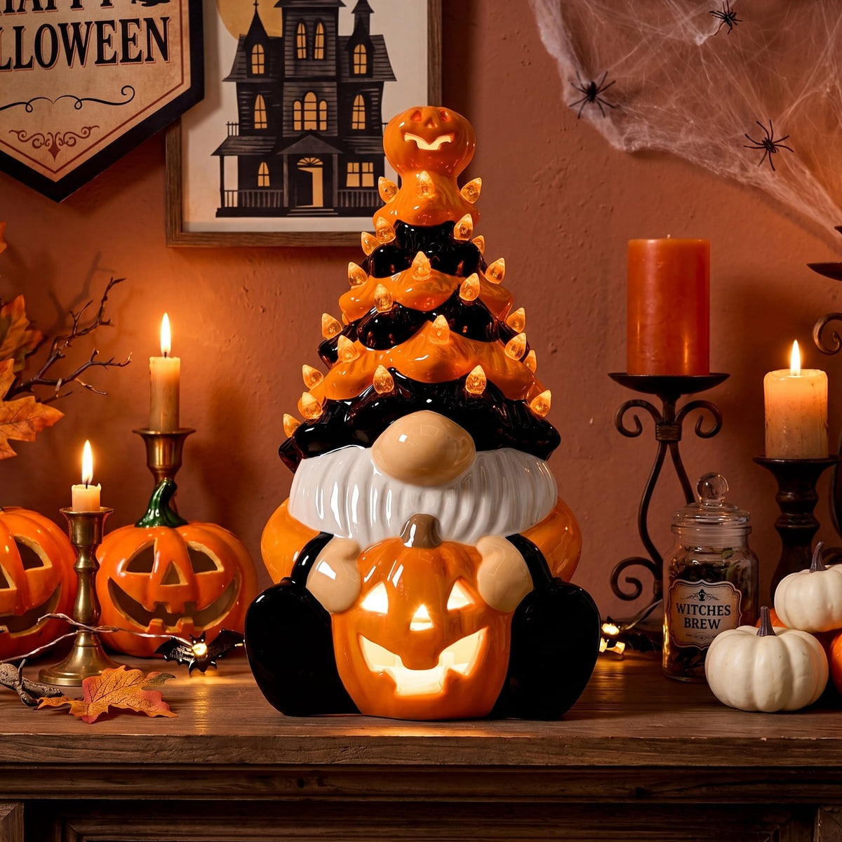 Joyfy 8.5 inch Halloween Decorations Ceramic Gnome Tree Decorations with Build-in LEDs,Light Up Pumpkin Table Decor Bedroom Indoor Centerpieces for Tables