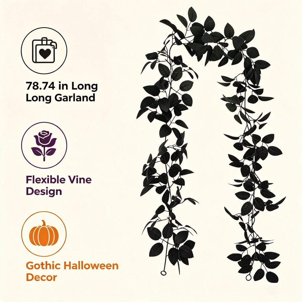 Halloween Black Garland with LED Lights 70.87 Inch Gothic Foliage for Mantel Stair Halloween Party Home Indoor Decor