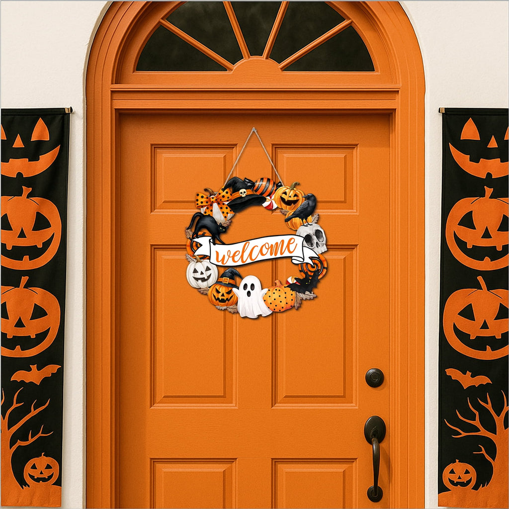 YIBAGA Halloween Door Hanging Sign Wreath Decorations, Welcome Halloween Ghosts Pumpkins Wooden Hanger Home Decor Party Supplies