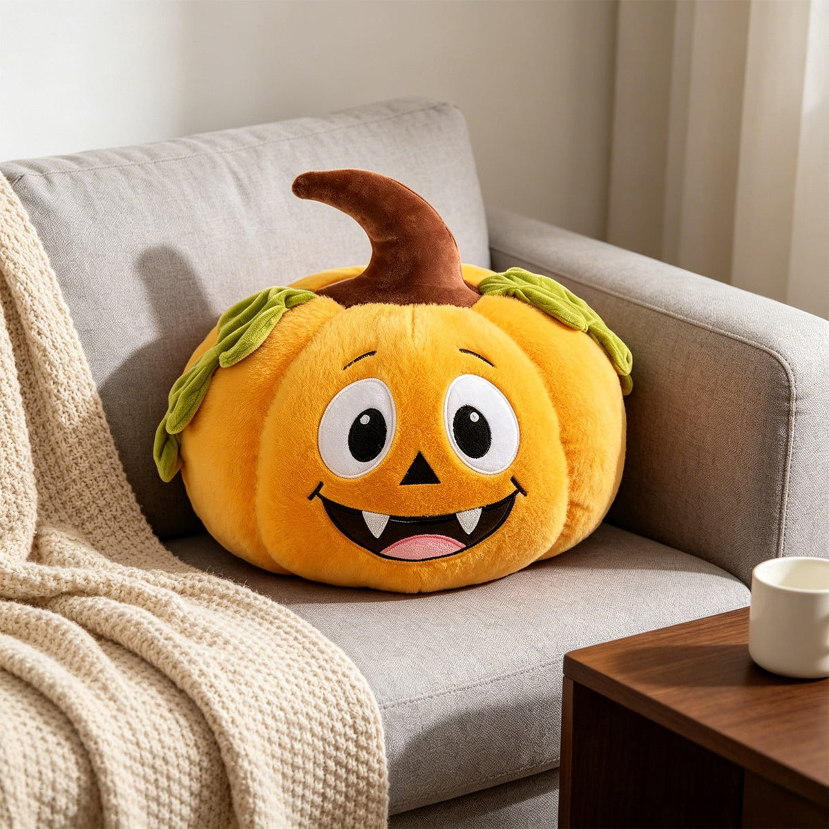 Pnmtdaia Orange Cute Smiling Fangs Pumpkin Plush Throw Pillow, Cozy Stuffed Halloween Thanksgiving Spooky Themed Decorative Cushion for Living Room Bedroom Home Holiday Decor