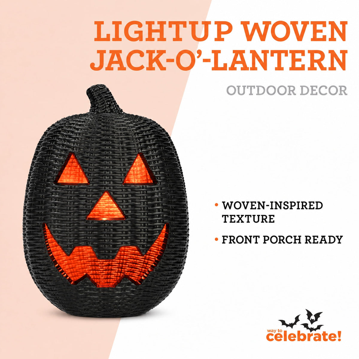 Light-Up Woven Jack-o'-Lantern Decoration, Black, 12", Halloween by Way To Celebrate