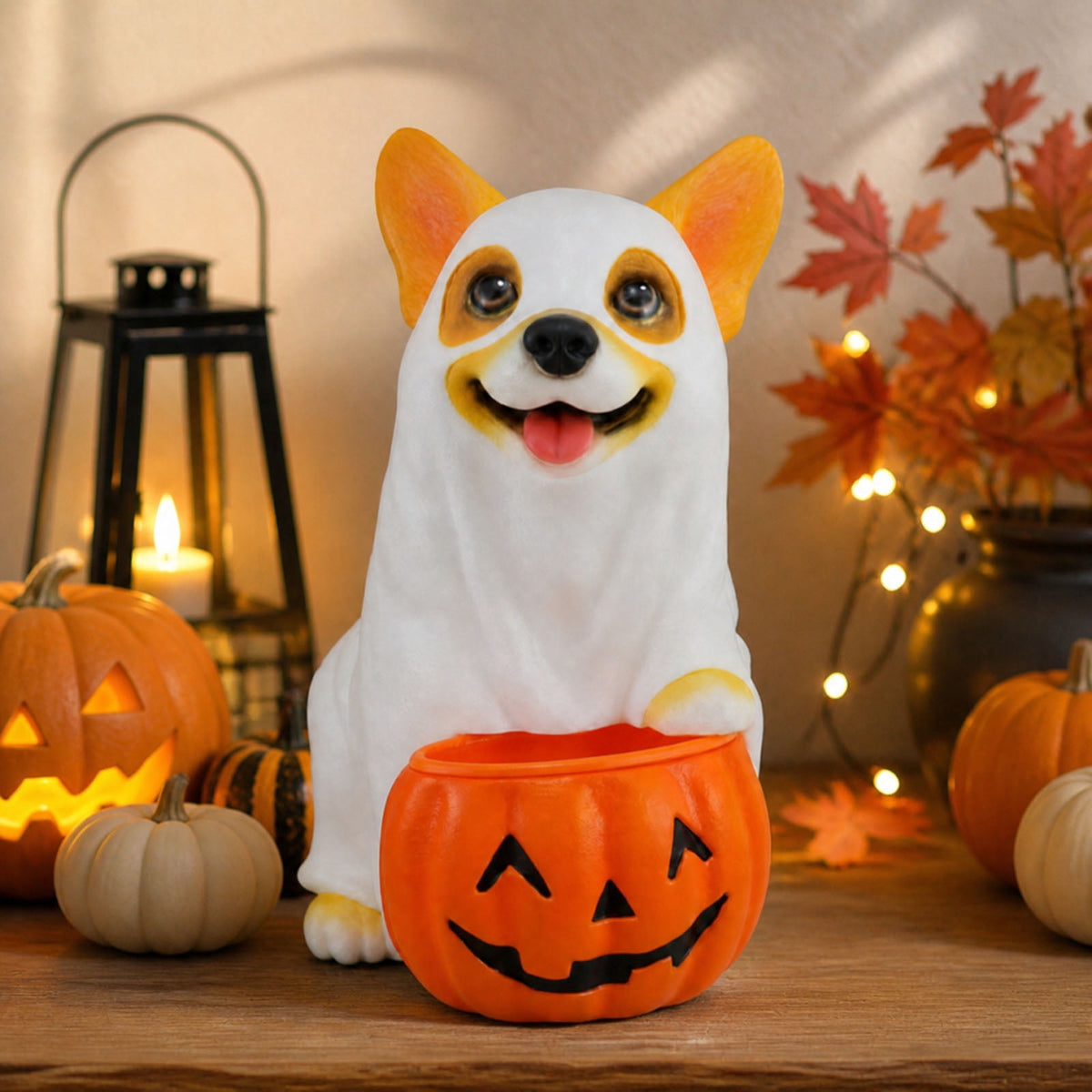 Fall Decorations for Home, 7.9in Lighted Halloween Scarecrow Dog Figurine, Resin Thanksgiving Halloween Garden Dogs Figurines for Autumn Harvest Porch Yard Garden Decor