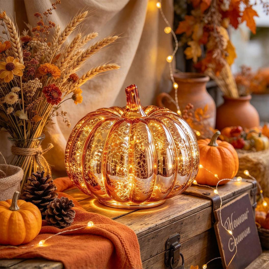 Fall Mercury Glass Light up Pumpkin Decor Fall Decoration for Home Thanksgiving Lamps for Festive Decoration Halloween Decorations Starry Night Pumpkins Tabletop Centerpiece Fall Home Decor
