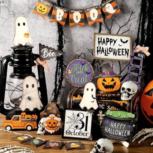 MiniInflat Halloween Tiered Tray Decorations Set, Wood, Pumpkin, Colorful