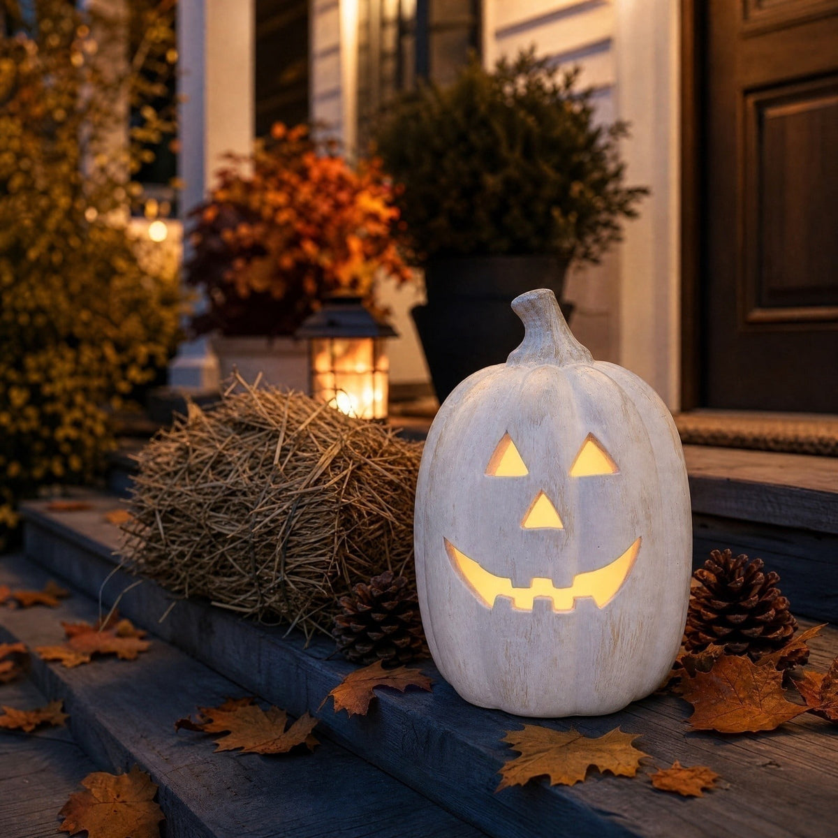 Halloween Decoration White Tall Jack O Lantern, Hollow Smiling Pumpkin Tabletop Accent for Mantel, Porch and Party Display, 9.84 in