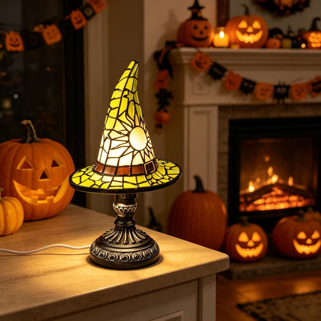 Stained Glass Witch Hat Lamp Gothic Halloween Lighting Decor, Vintage Witchy Hats Night Lights, Handcrafted Retro Resin Table Lamp for Bedroom, Living Room & Home Decor