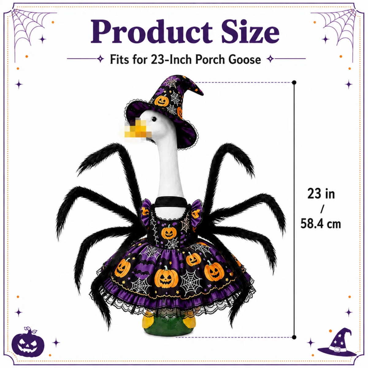 Porch Goose Halloween Outfit for 23 Inch Goose Statue, Witch Hat Dress with Fuzzy Spider Legs, Pumpkin Spiderweb Goose Clothes, Funny Yard Lawn Patio Decor