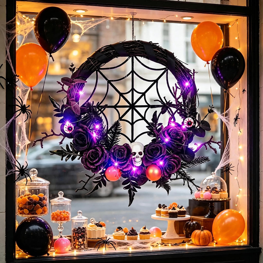 WWC Halloween Wreath, Orange LED Pumpkin and Bats Wreath, Gothic Halloween Decorations Wreath for Front Door, Indoor Outdoor Party Decor
