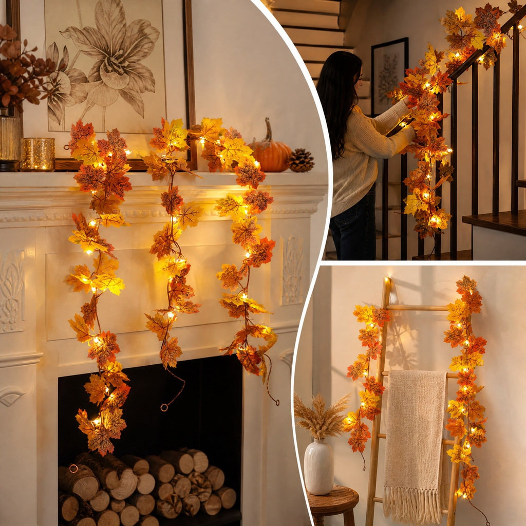 Halloween Black Garland with LED Lights 70.87 Inch Gothic Foliage for Mantel Stair Halloween Party Home Indoor Decor