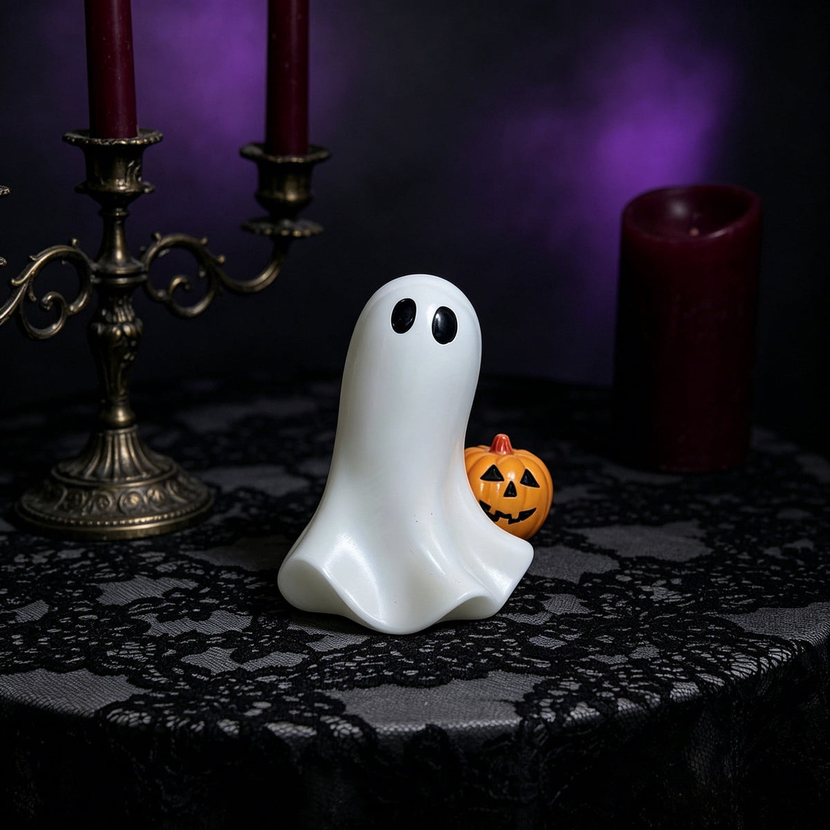 Halloween Ghost Figurine, Resin Lighted Ghost Ornament with Pumpkin Lantern & Beverage Cup, Tabletop Halloween Indoor Decor