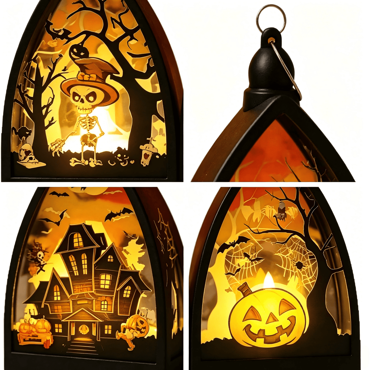 3 Pack Halloween LED Lantern Decor, Skeleton Haunted House Pumpkin Pattern, Battery Operated Tabletop Hanging Decor for Halloween Party Fireplace Mantel Indoor Home Decor