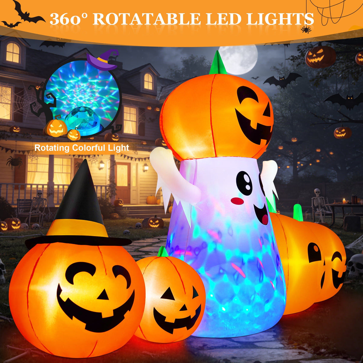 Yexmas 8FT Halloween Inflatable Decoration with Ghost, Black Cat and Pumpkins,Built-in LED Lights, Blow Up Halloween Yard Decor for Indoor/Outdoor Party,Yard, Lawn