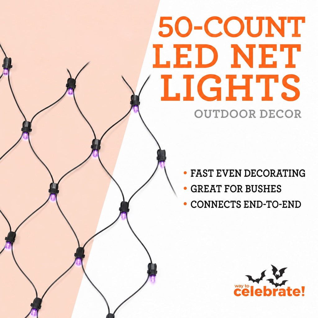 Indoor/Outdoor 50-Count LED Net Lights, Multicolor, 4' x 4', Halloween by Way To Celebrate