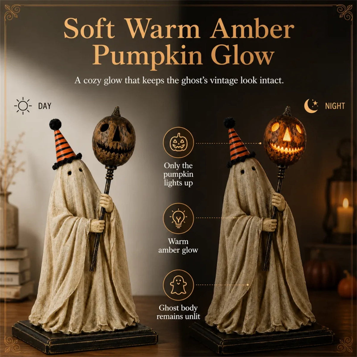 Win s Way Lighted Vintage Patchwork Ghost Decor Glowing Ghost Figurine with Pumpkin Lantern Farmhouse Style Light Up Statue for Mantel Shelf Entryway Table Fall Decorations